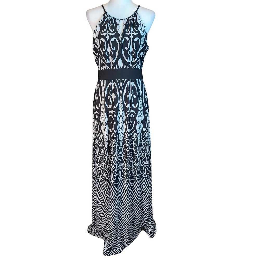 White House Black Market Halter Maxi Dress Womens‎ Small Black White Geometric